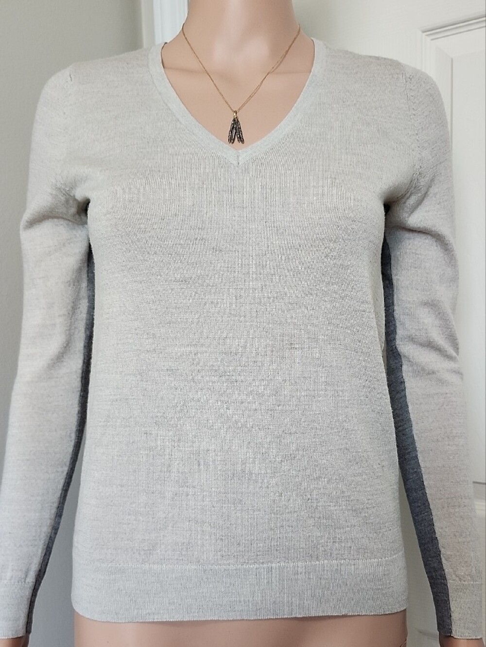 Club Monaco Women’s Two-Tone V-Neck Sweater in Gray and Cream